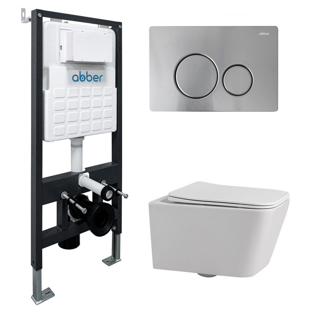 Комплект 3 в 1: Инсталляция Abber AC0105 + Унитаз Rechteck AC1201 белый + Кнопка смыва AC0121MCH матовый хром