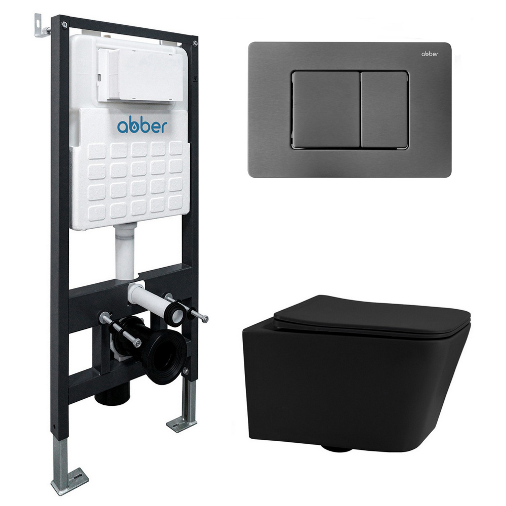 Комплект 3 в 1: Инсталляция Abber AC0105 + Унитаз Rechteck AC1201MB черный матовый + Кнопка смыва AC0120NG оружейная сталь