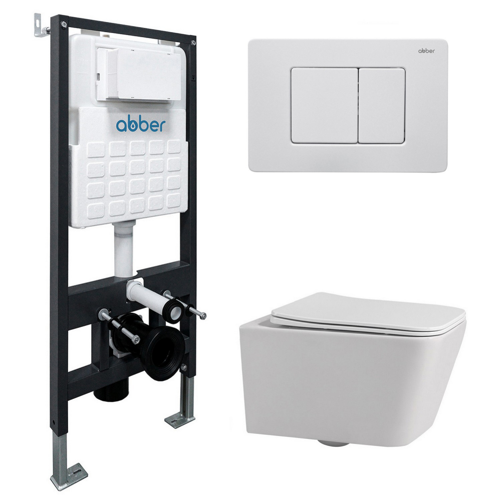 Комплект 3 в 1: Инсталляция Abber AC0105 + Унитаз Rechteck AC1201 белый + Кнопка смыва AC0120MW белая матовая