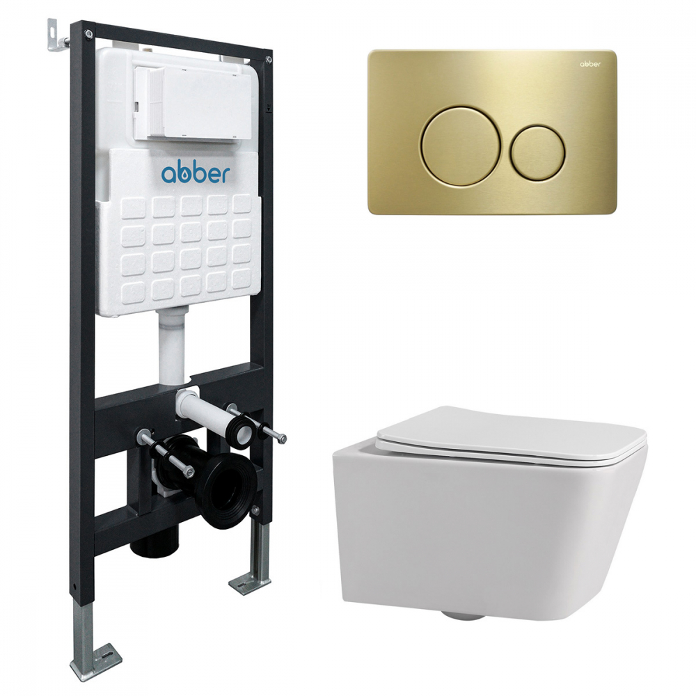 Комплект 3 в 1: Инсталляция Abber AC0105 + Унитаз Rechteck AC1201 белый + Кнопка смыва AC0121MMG золото матовое