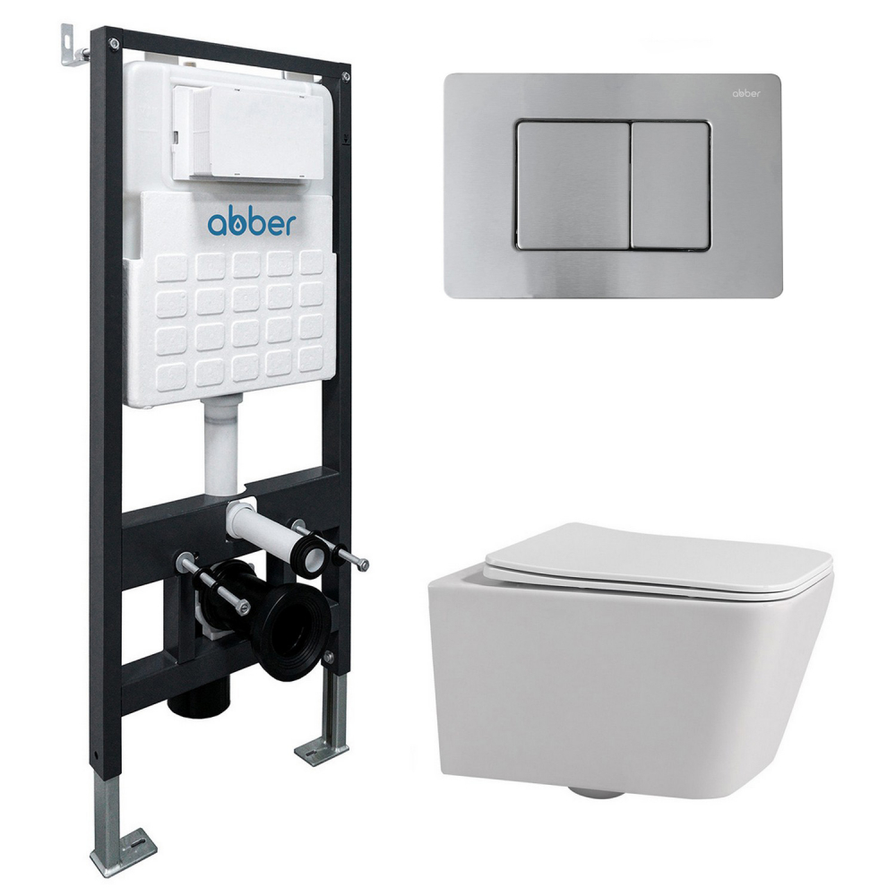 Комплект 3 в 1: Инсталляция Abber AC0105 + Унитаз Rechteck AC1201 белый + Кнопка смыва AC0120MCH матовый хром
