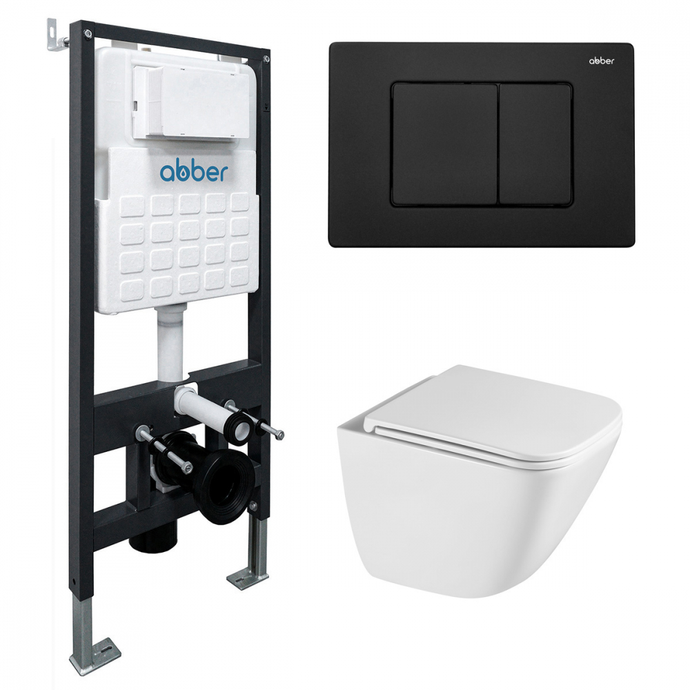 Комплект 3 в 1: Инсталляция Abber AC0105 + Унитаз Rechteck AC1220TC белый + Кнопка смыва AC0120MB черный матовый